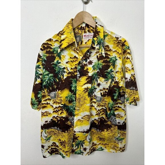 Vintage 70s Woolcrest Men L Disco Hawaiian Shirt Yellow Hipster